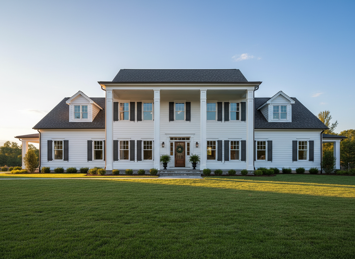 Professional architectural photograph of a beautiful white two-story American home with tall front columns and a welcoming covered porch, freshly renovated exterior with clean white siding, dark shutters, and new roofing.